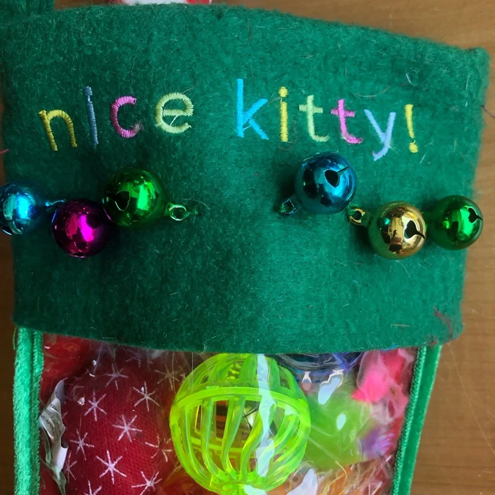 Green 'Nice Kitty!' Cat Toy Stocking with Neon Toy Mix